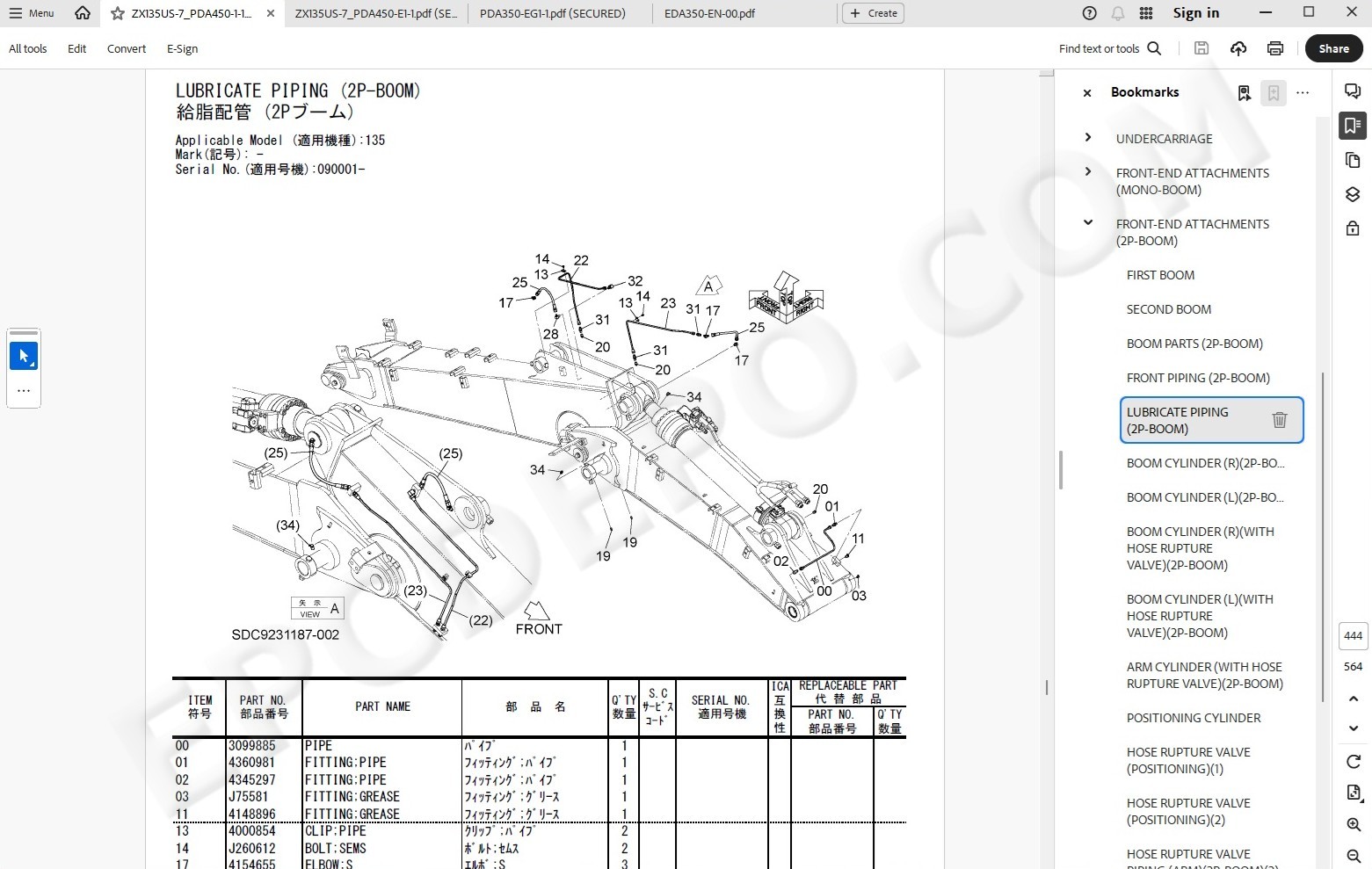 Hitachi excavator Zaxis ZX135US-7 spare parts manual